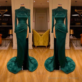 Dark Green Beadings Pearl Long Sleeves Evening Gowns Mermaid Prom Dress With Slit